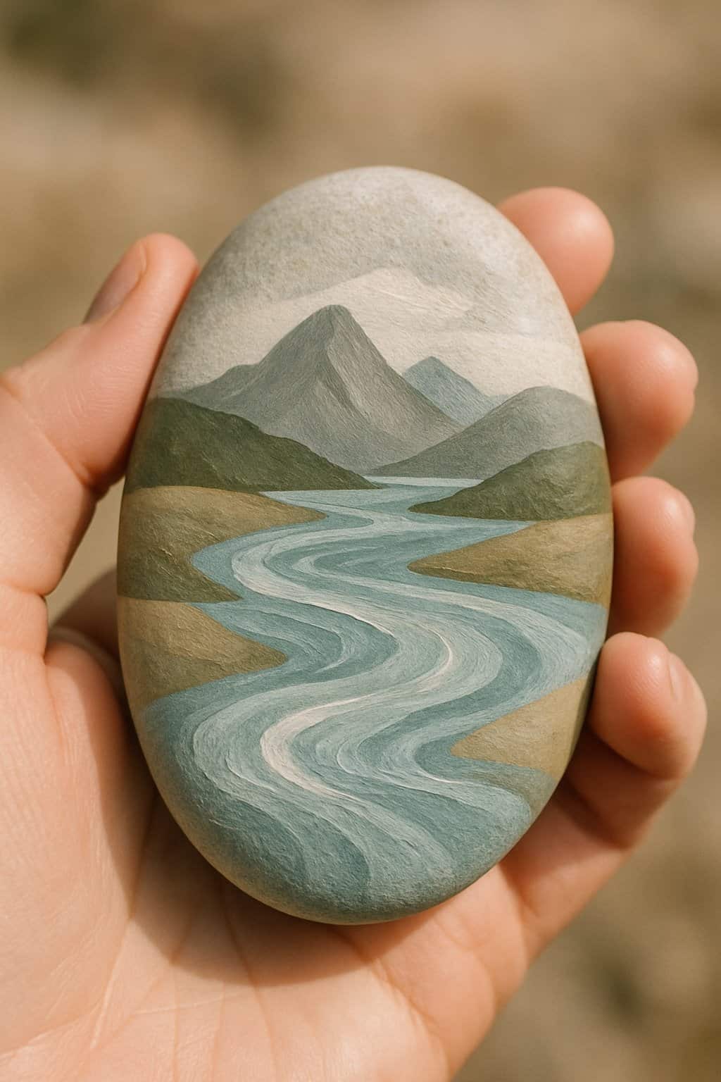 A hand holding a smooth painted river rock with a simple mountain river design.