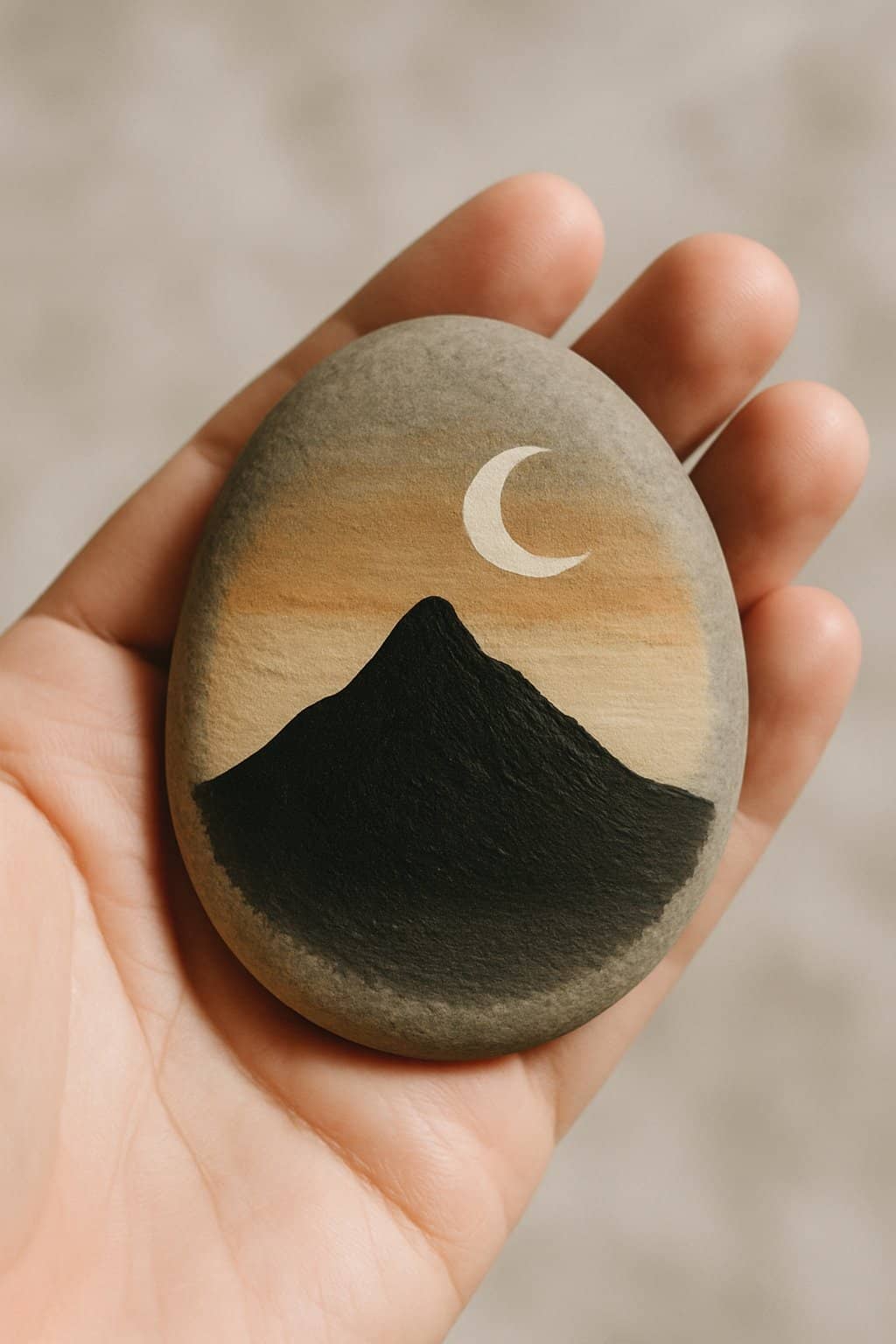 A hand holding a smooth river rock painted with a mountain silhouette and crescent moon design.