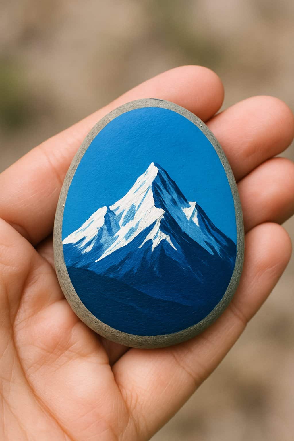A hand holding a smooth river rock painted with a snow-capped mountain and blue sky.
