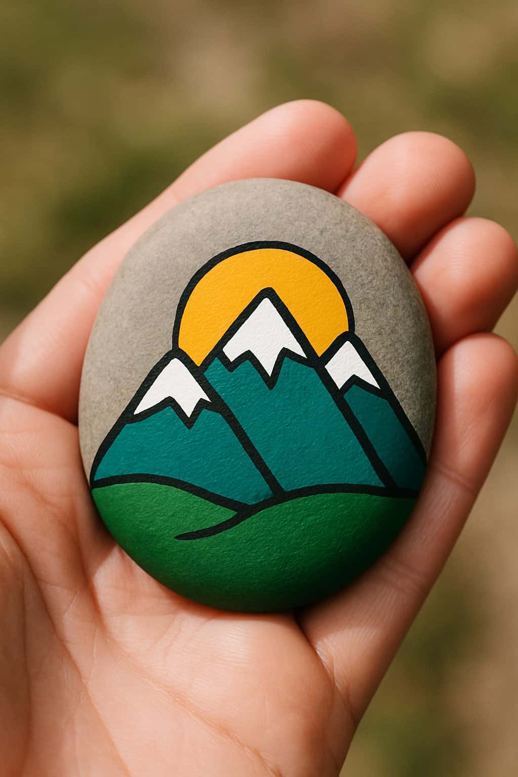 A hand holding a smooth painted rock with a mountain and sun design.