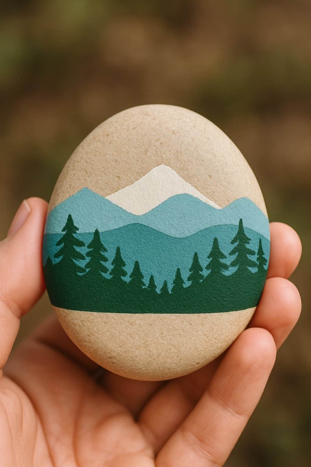 A hand holding a smooth river rock painted with a mountain and forest design.