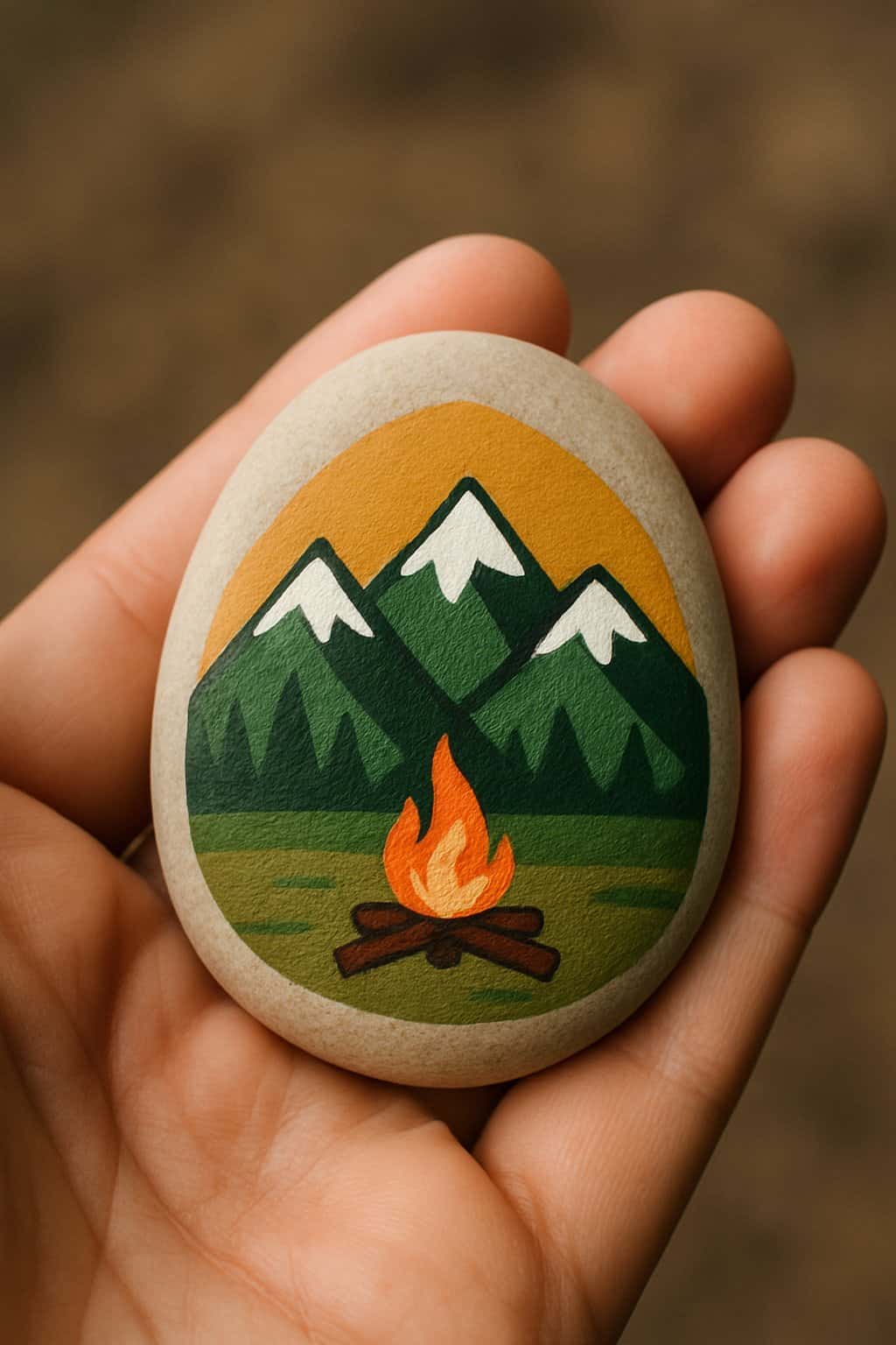 A hand holding a smooth river rock painted with a mountain and campfire scene.