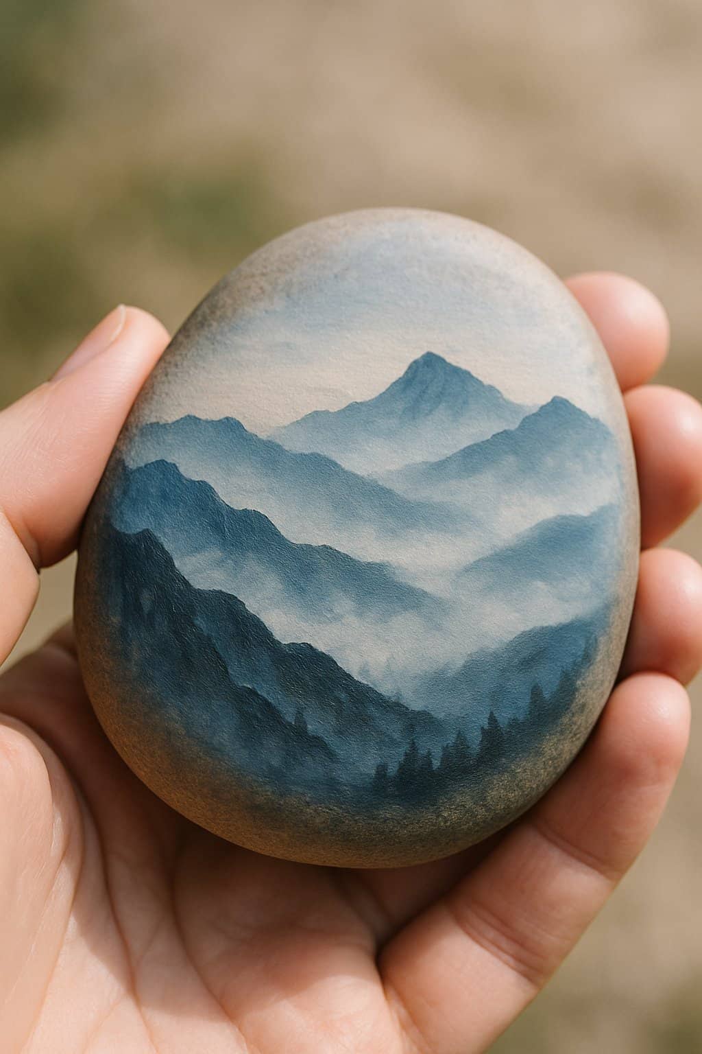 A hand holding a smooth river rock painted with a mountain range and fog design.
