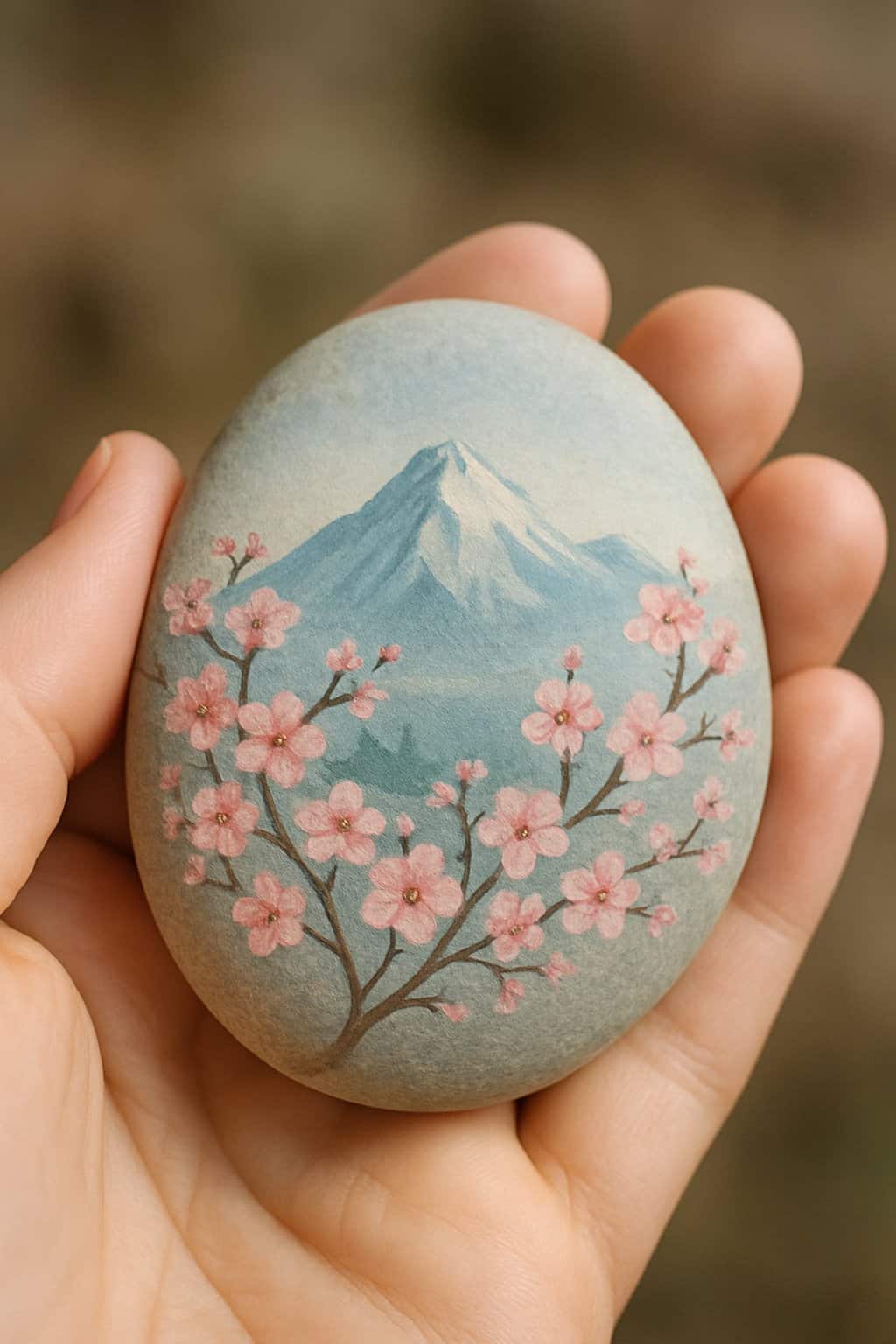 A hand holding a smooth river rock painted with a mountain and blooming cherry blossoms.