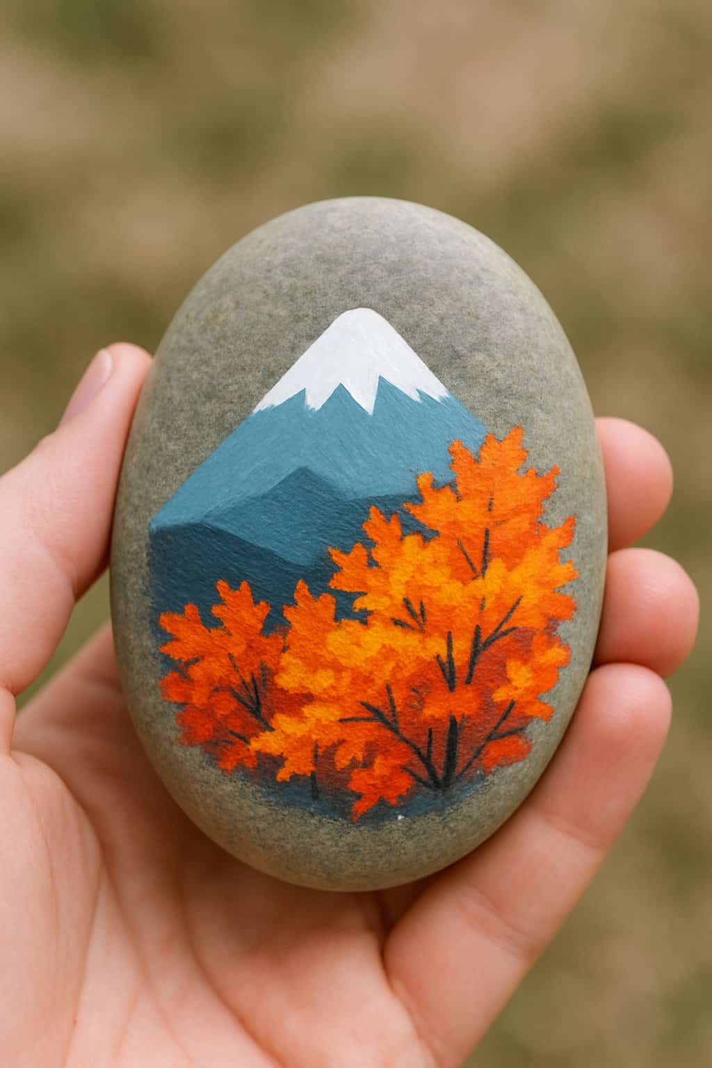 A hand holding a smooth river rock painted with a mountain and autumn leaves design.