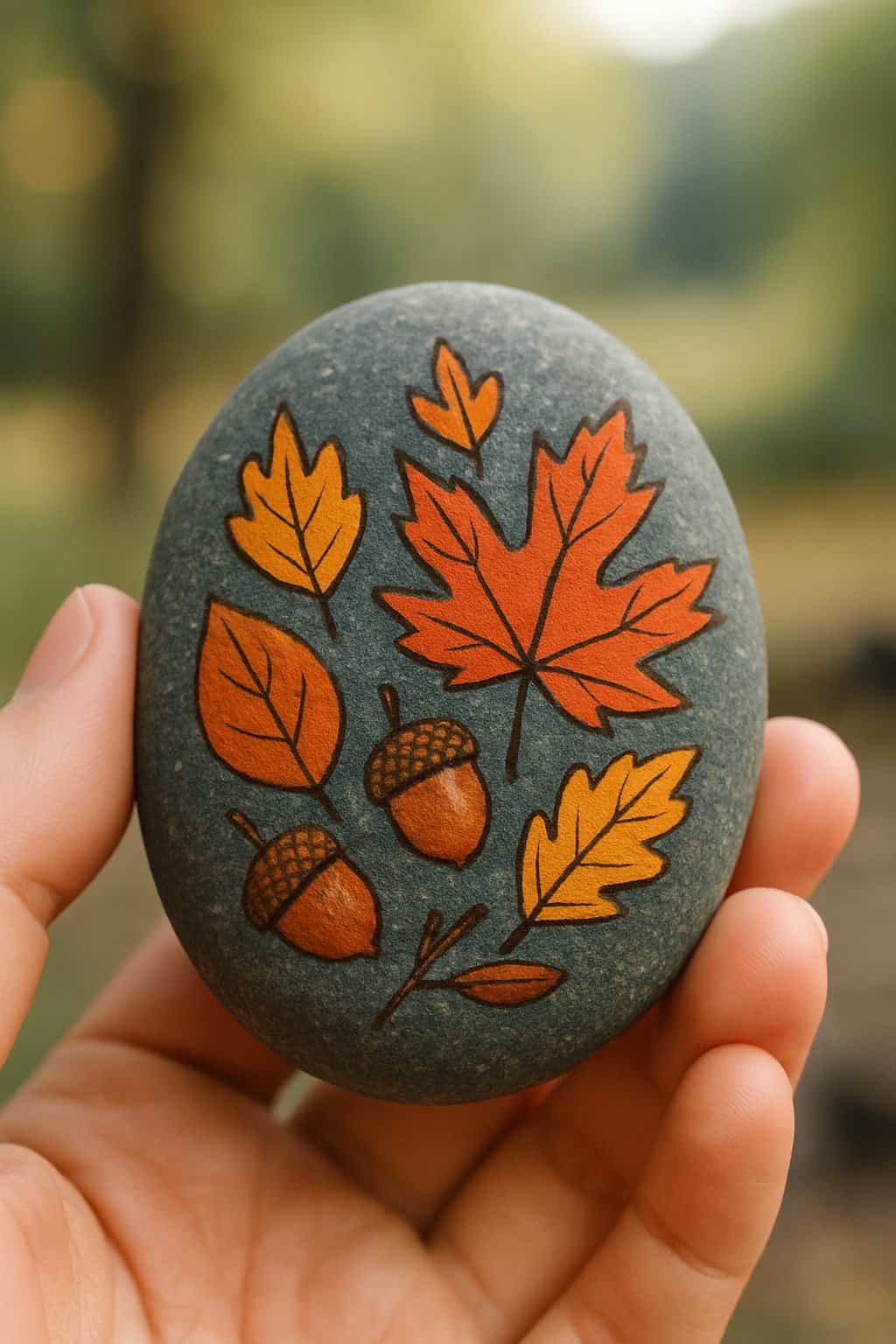 A hand holding a smooth river rock painted with autumn leaves and acorns.