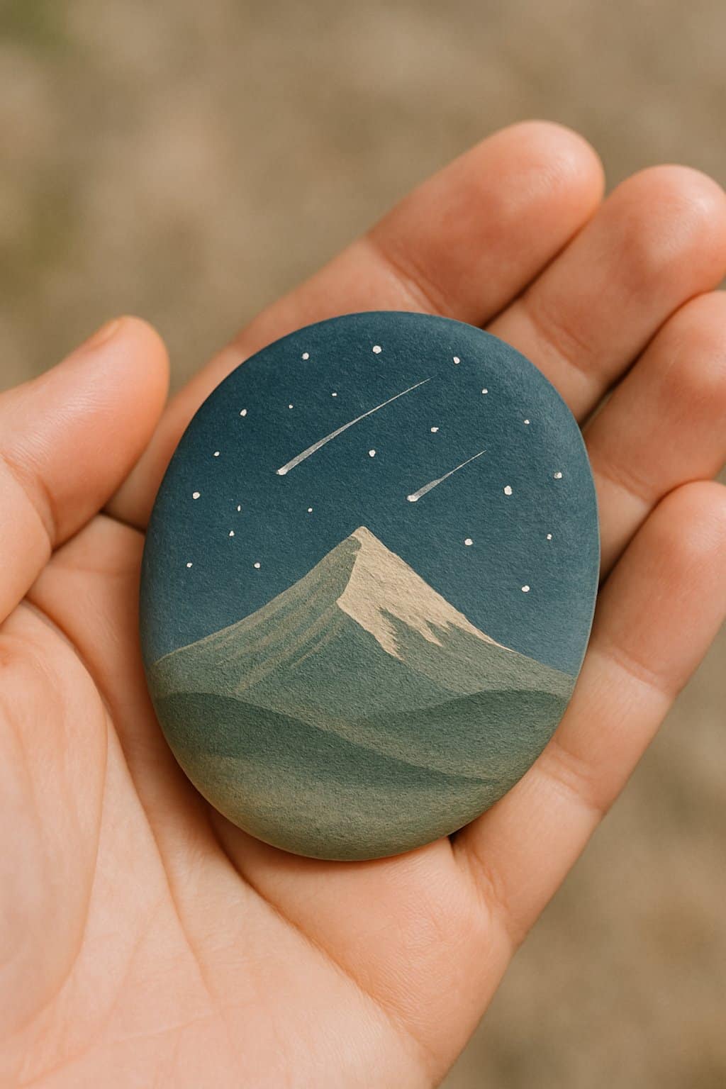 A hand holding a smooth river rock painted with a mountain and shooting stars design.