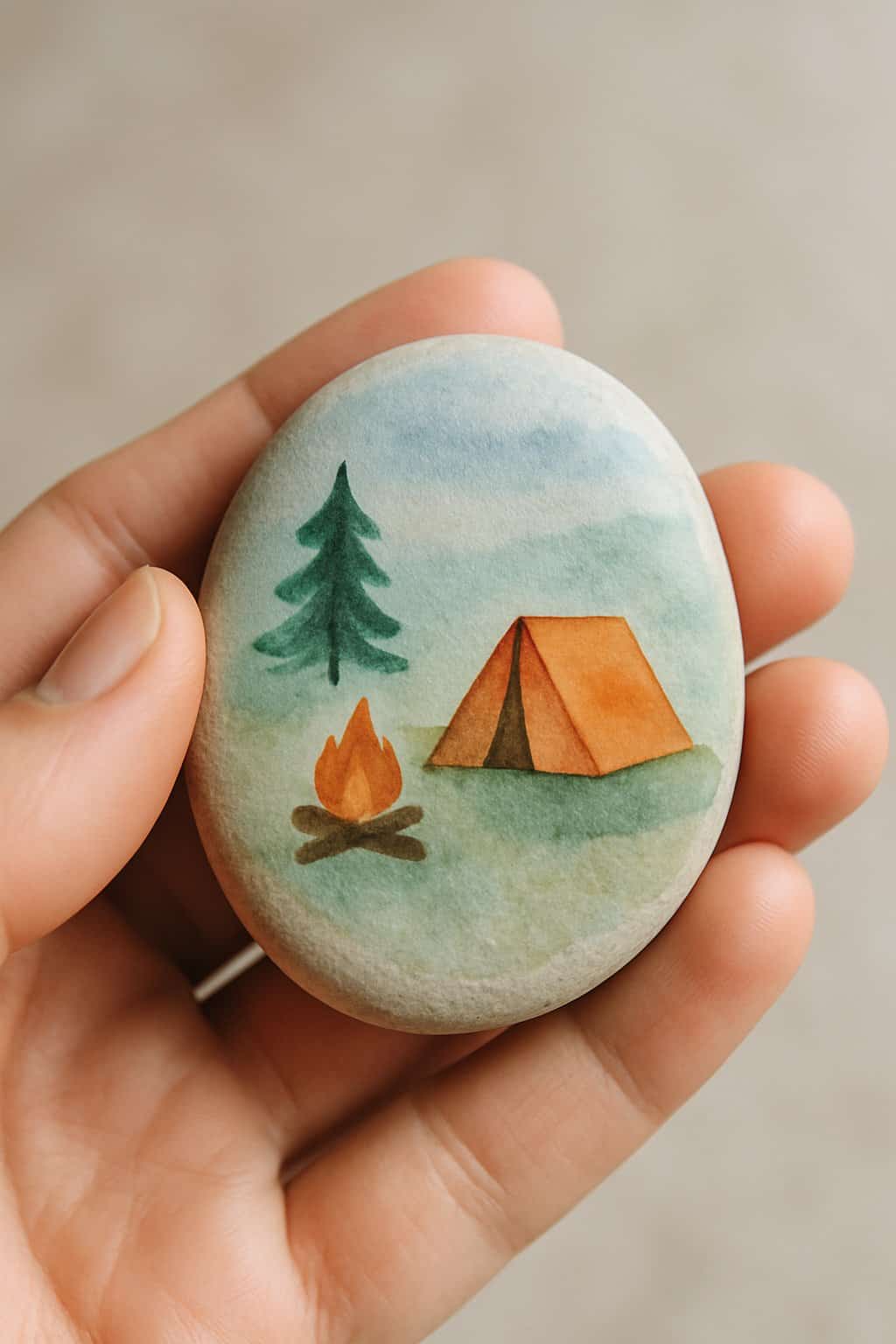 A hand holding a smooth painted river rock with a simple camping design.