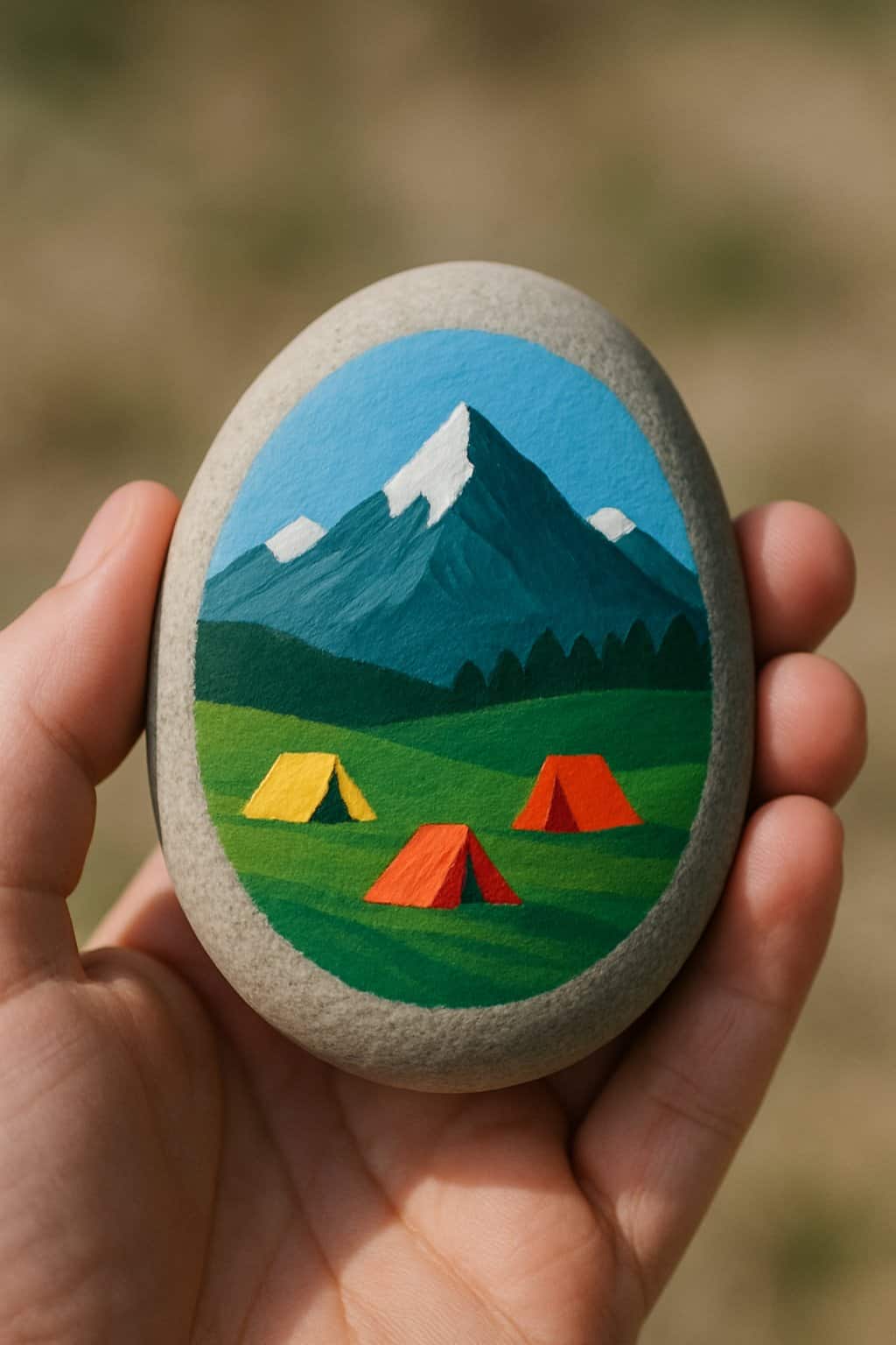 A hand holding a smooth river rock painted with a mountain scene and colorful tents.