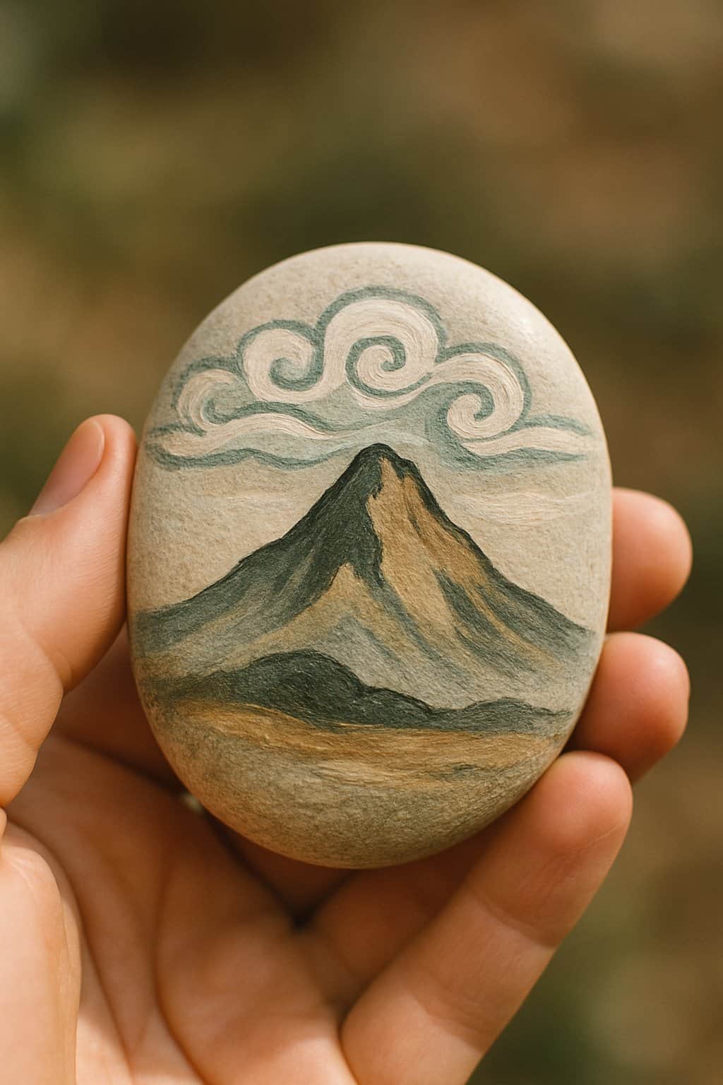 A hand holding a smooth river rock painted with a mountain and swirling clouds design.
