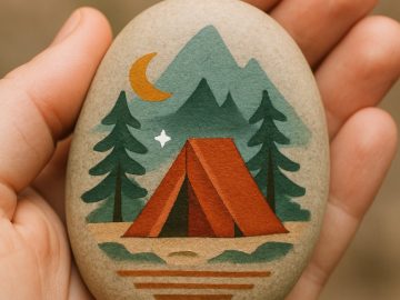 A hand holds a smooth rock painted with a campsite scene—an orange tent, pine trees, mountains, a crescent moon, and a star, all depicted in a minimalist, colorful style.