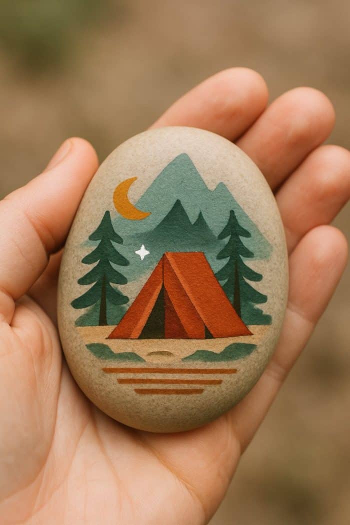 A hand holds a smooth rock painted with a campsite scene—an orange tent, pine trees, mountains, a crescent moon, and a star, all depicted in a minimalist, colorful style.