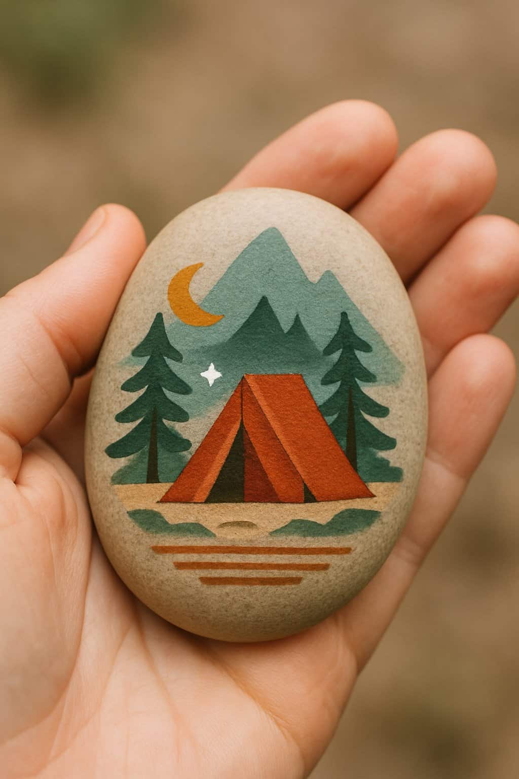 A hand holding a smooth painted river rock with a simple design against a blurred background.