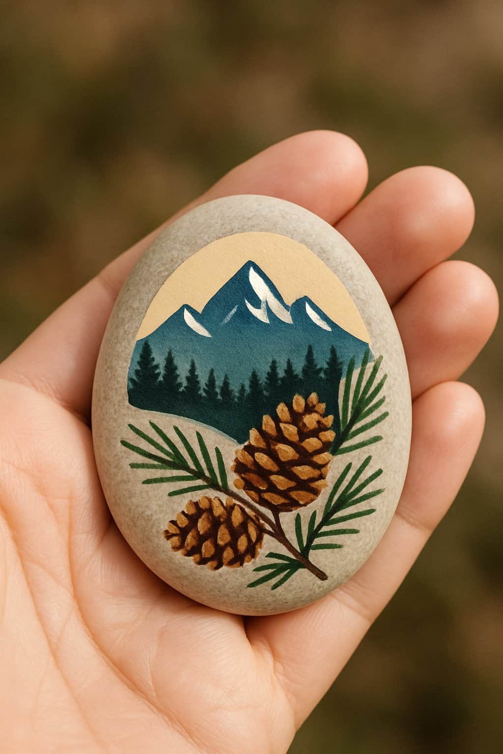A hand holding a smooth river rock painted with a mountain, pinecones, and pine needles design.