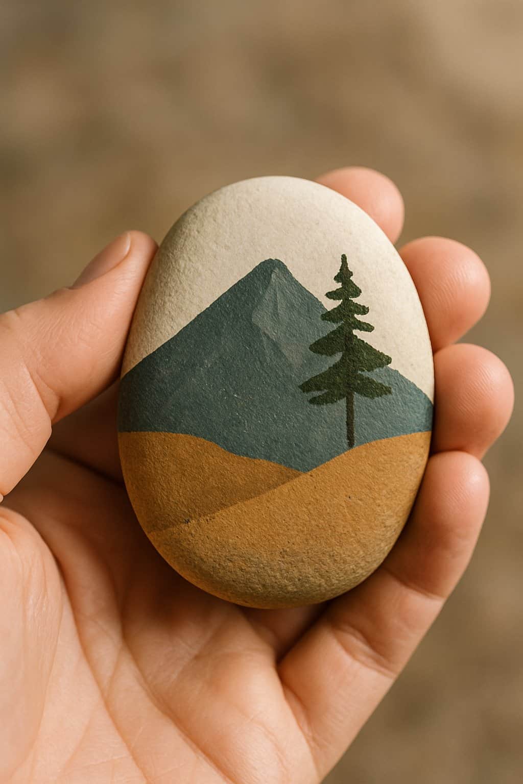A hand holding a smooth river rock painted with a mountain and a single tree.