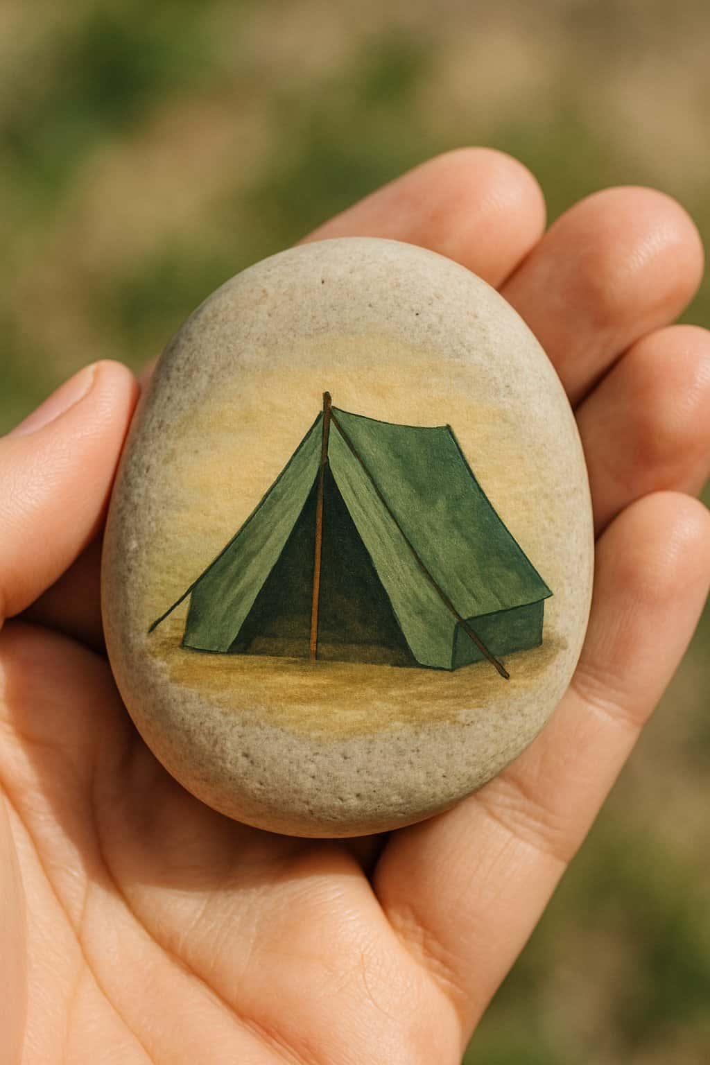 A hand holding a smooth river rock painted with a simple camping tent design.