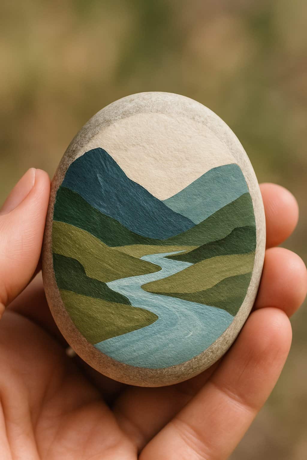 A hand holding a smooth river rock painted with a simple mountain valley and river design.