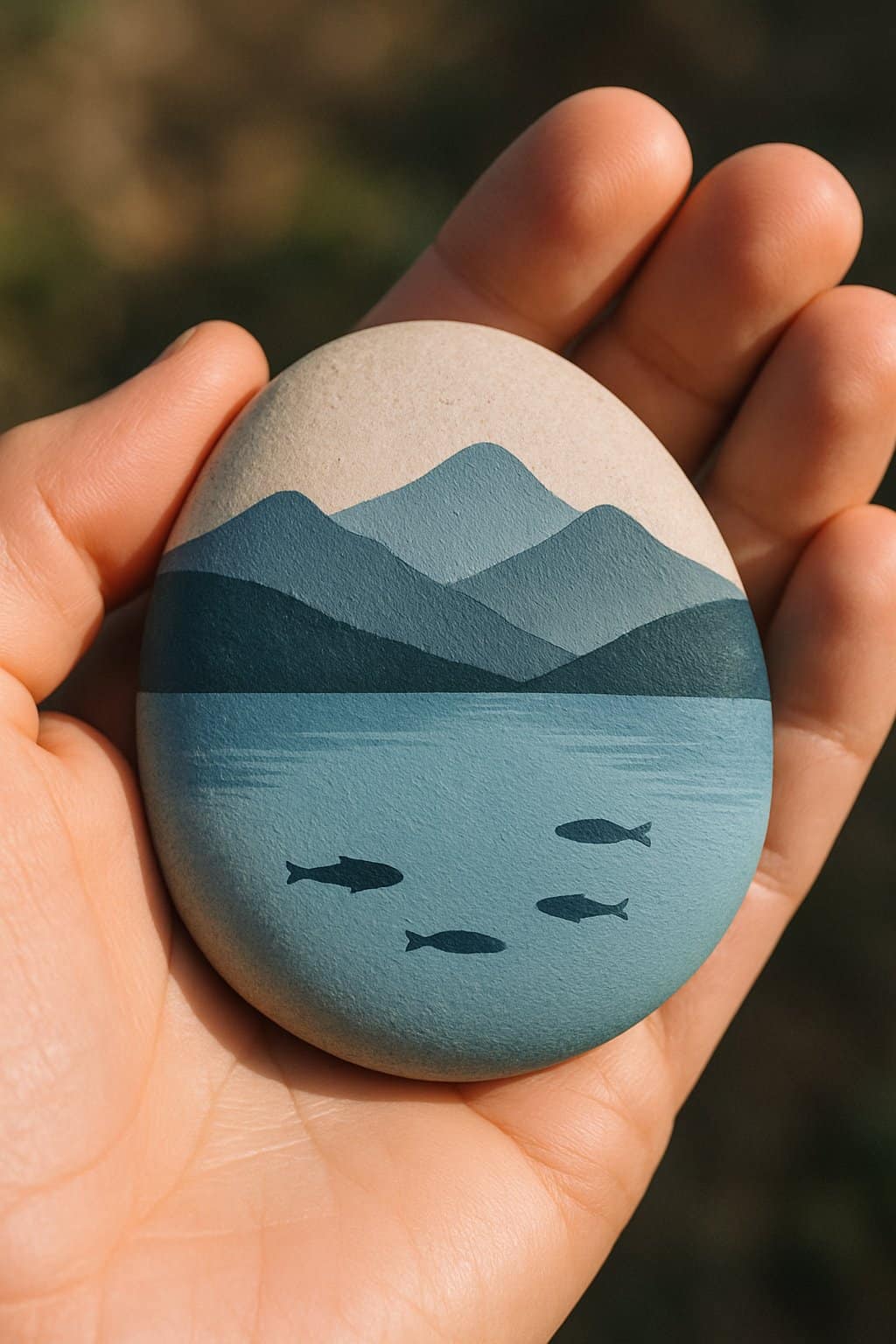 A hand holding a smooth river rock painted with a simple mountain lake and fish design.