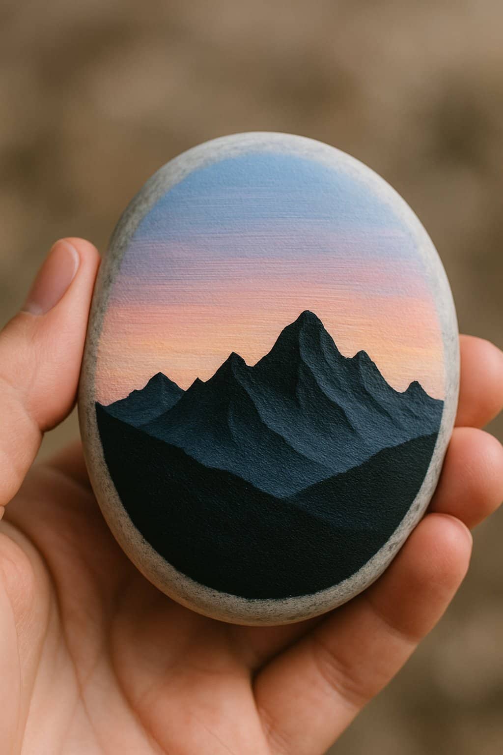 A hand holding a smooth river rock painted with a mountain range at dawn.