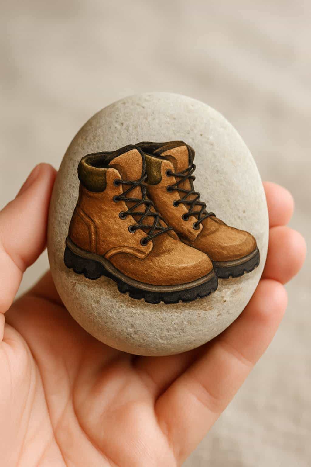 A hand holding a smooth river rock painted with a hiking boots design.