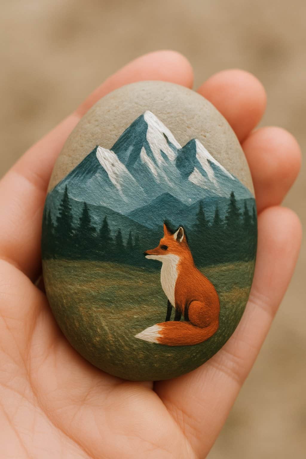 A hand holding a smooth river rock painted with a mountain scene and a fox.