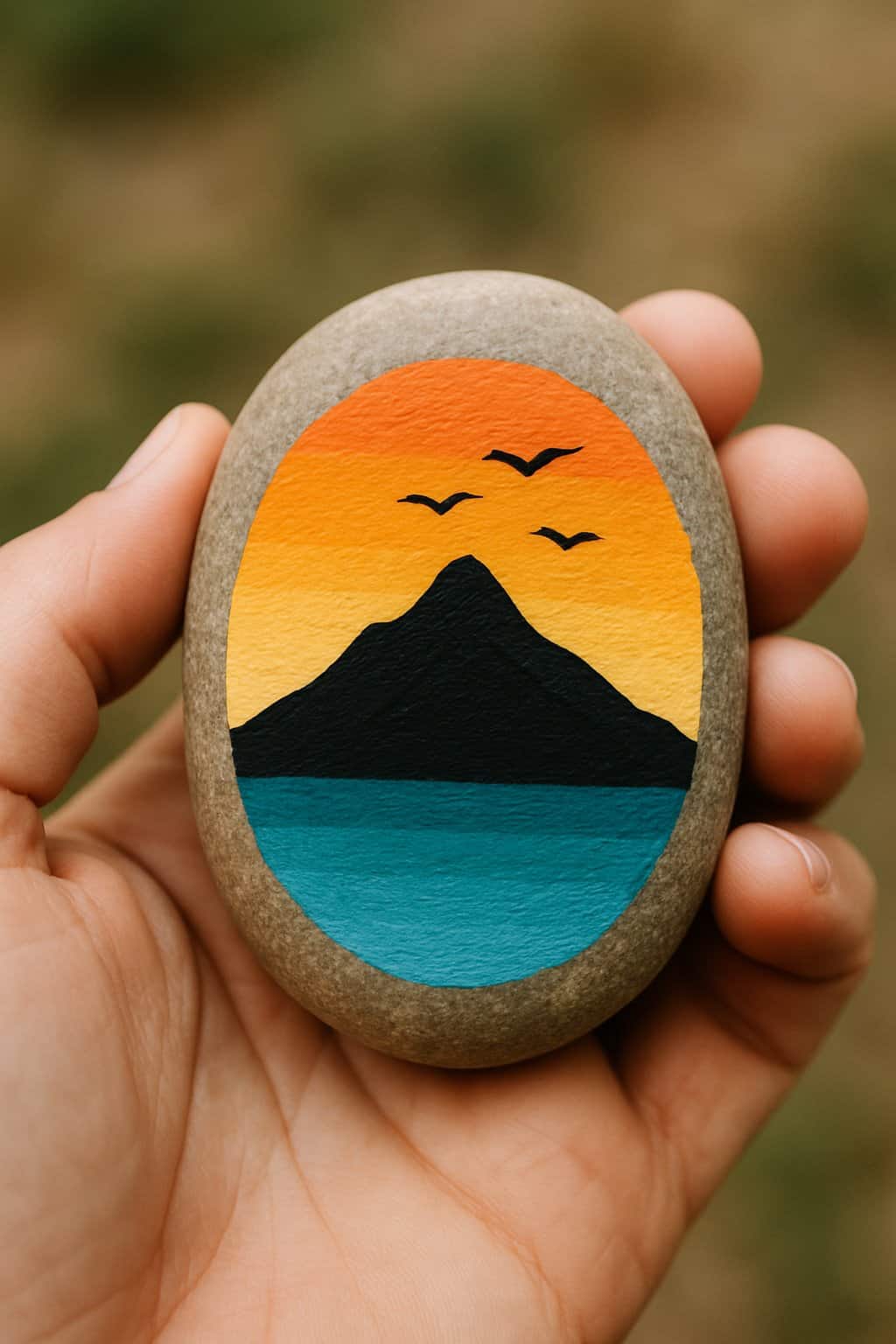 A hand holding a smooth river rock painted with a mountain and flying birds.