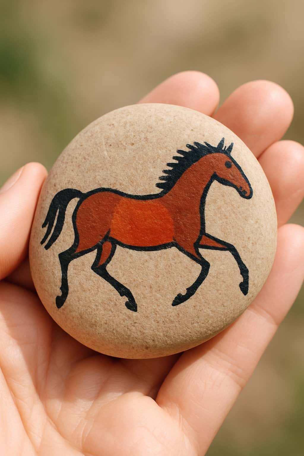 A hand holding a smooth river rock painted with a simple horse design.