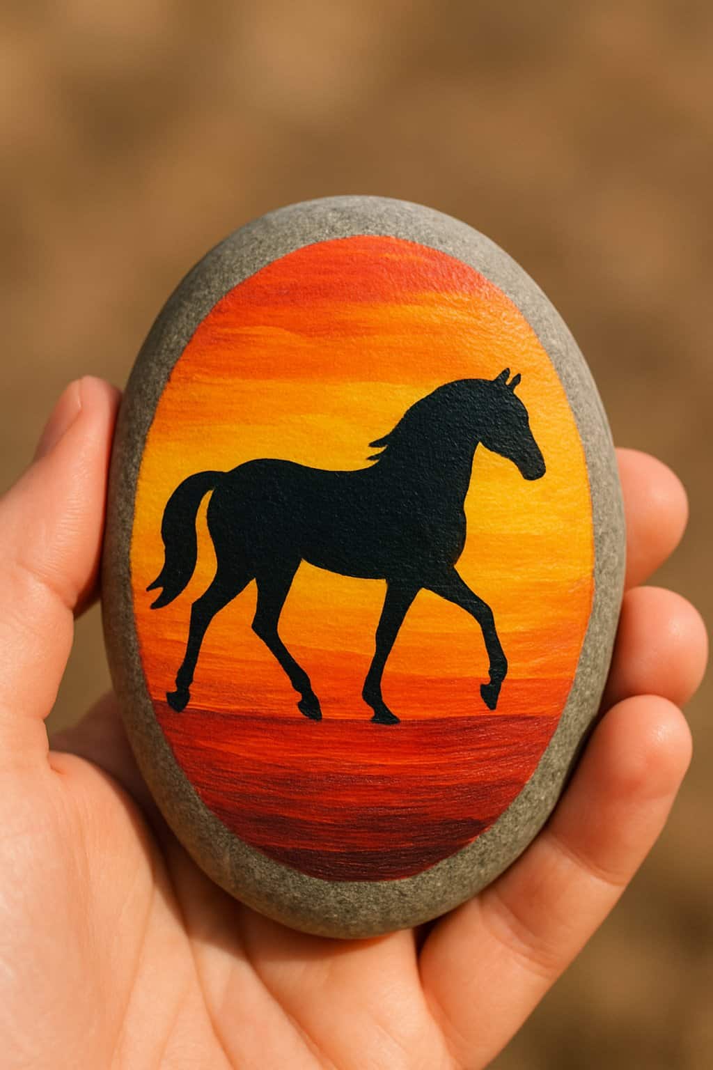 A hand holding a smooth river rock painted with an abstract horse silhouette in sunset colors.