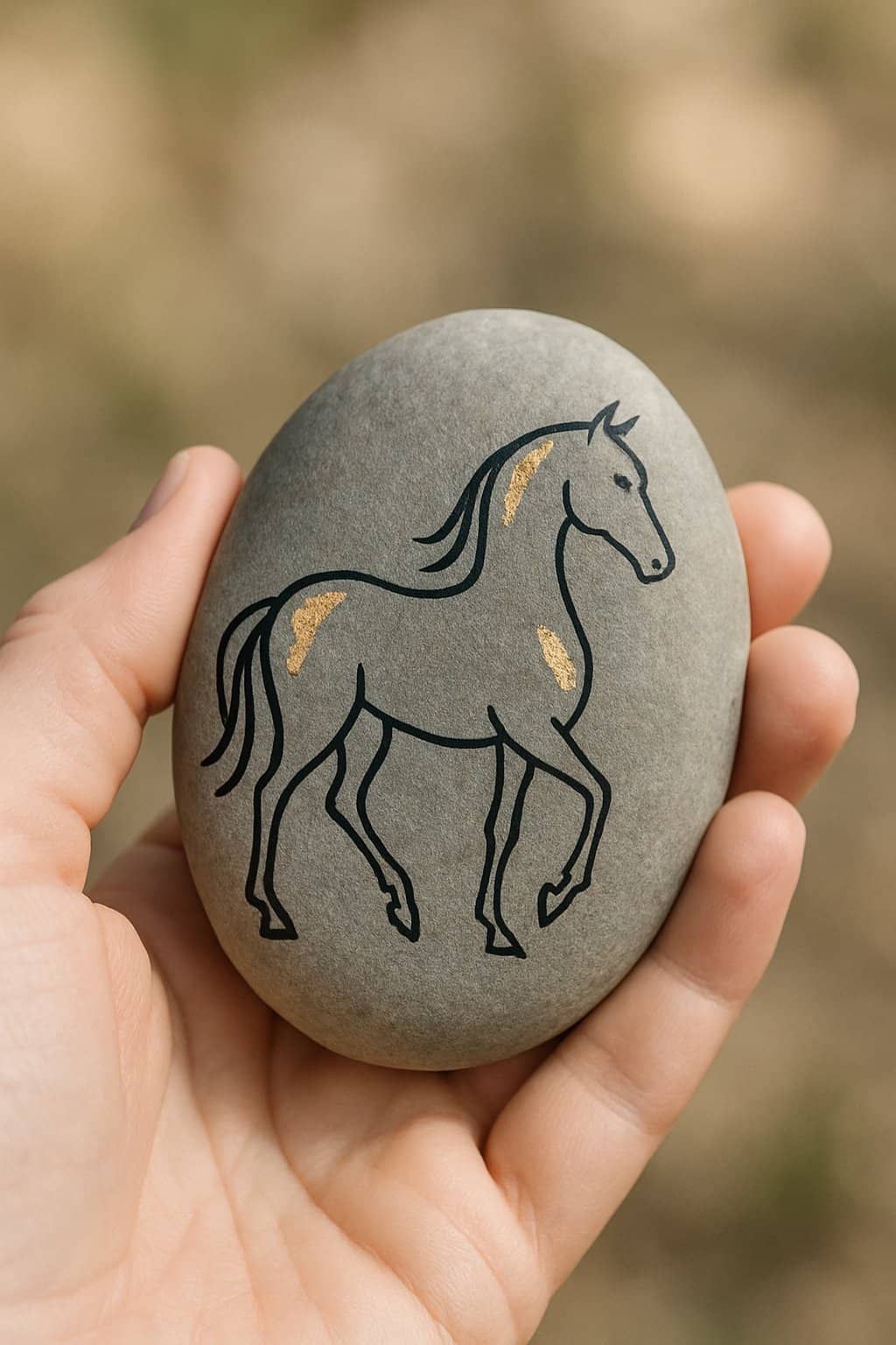 A hand holding a smooth painted rock with a simple horse outline and gold highlights.