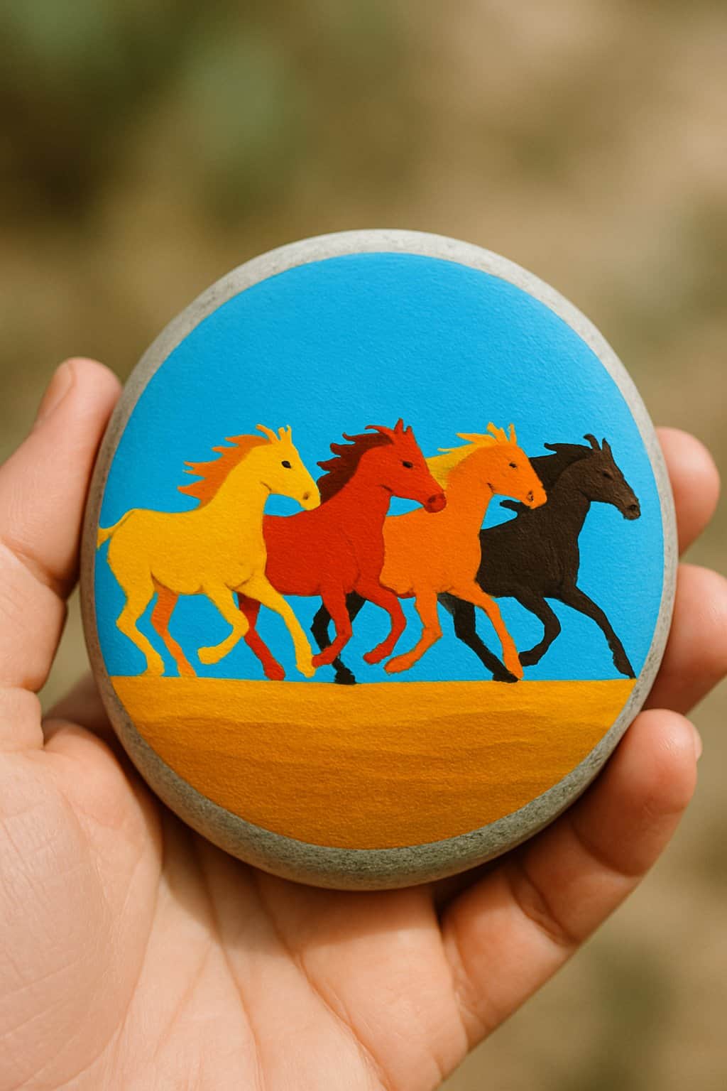 A hand holding a smooth river rock painted with colorful wild horses running against a blue sky.