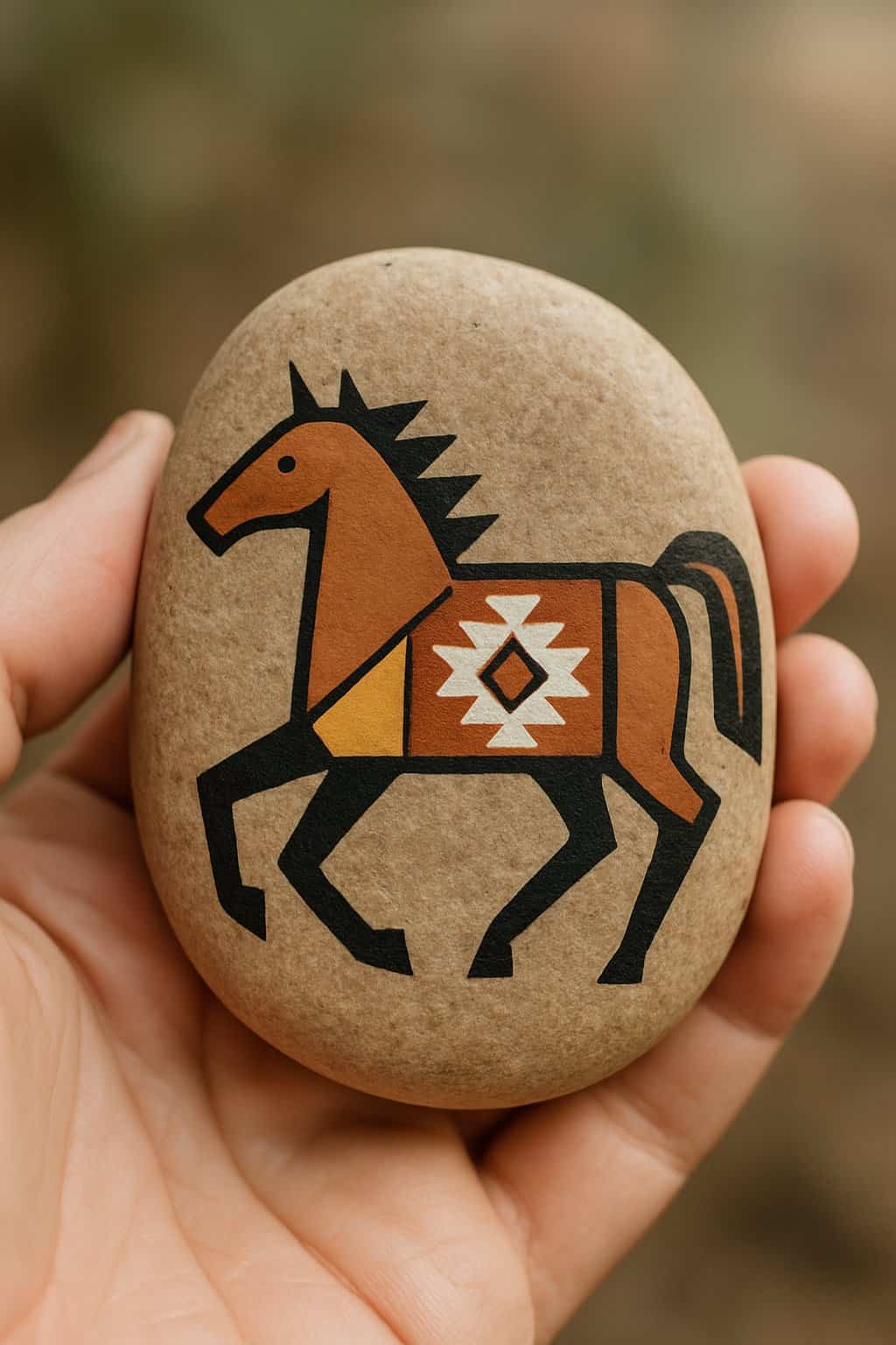 A hand holding a smooth painted rock with a geometric horse design.