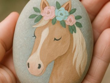 A hand holds a smooth oval stone painted with a horse’s head. The horse has its eyes closed, a light mane, and a floral crown of pink and blue flowers with green leaves. The background is out of focus.