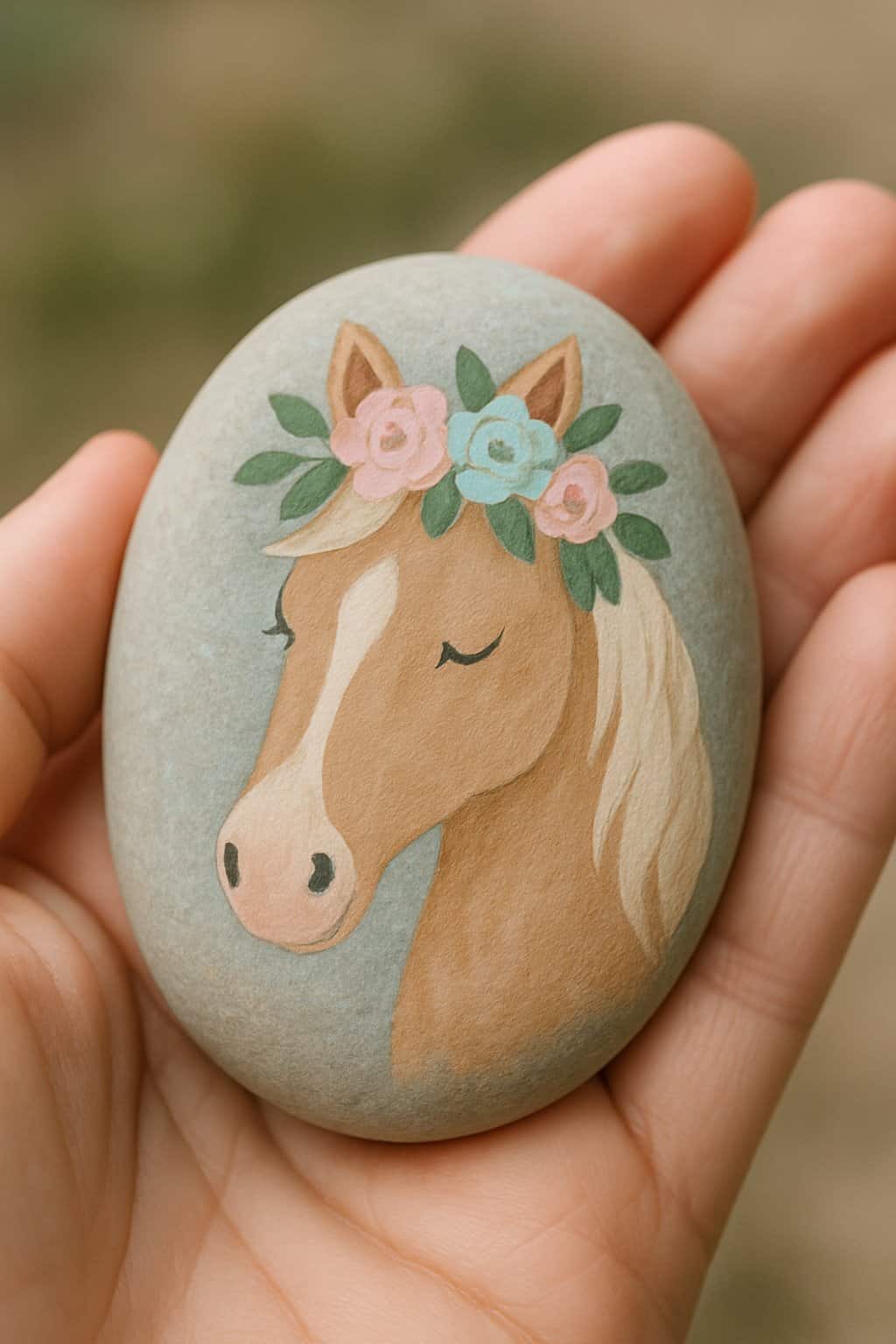 A hand holding a smooth river rock painted with a horse face and a floral crown.