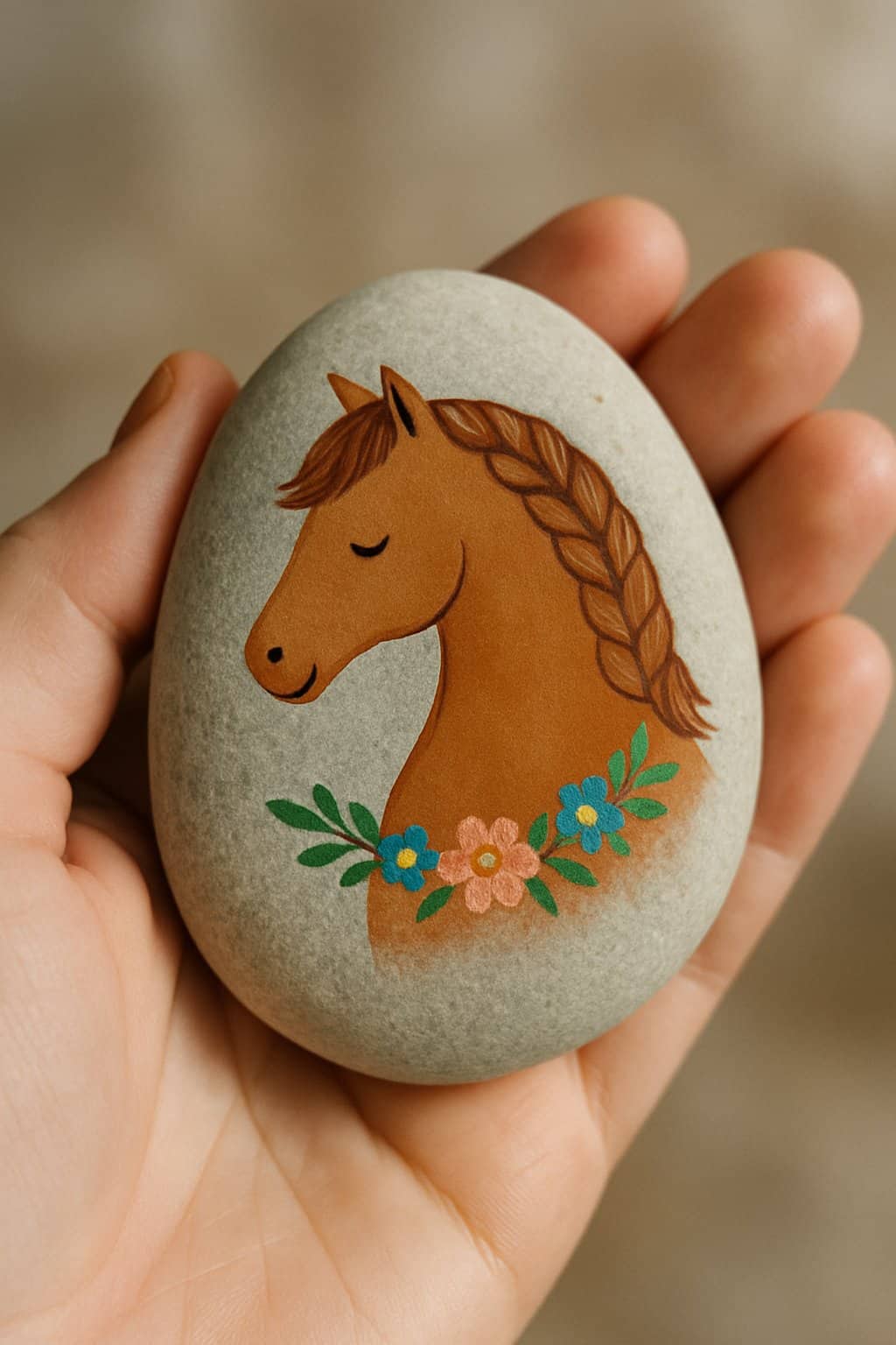 A hand holding a smooth river rock painted with a pony that has a braided mane and flower garland.