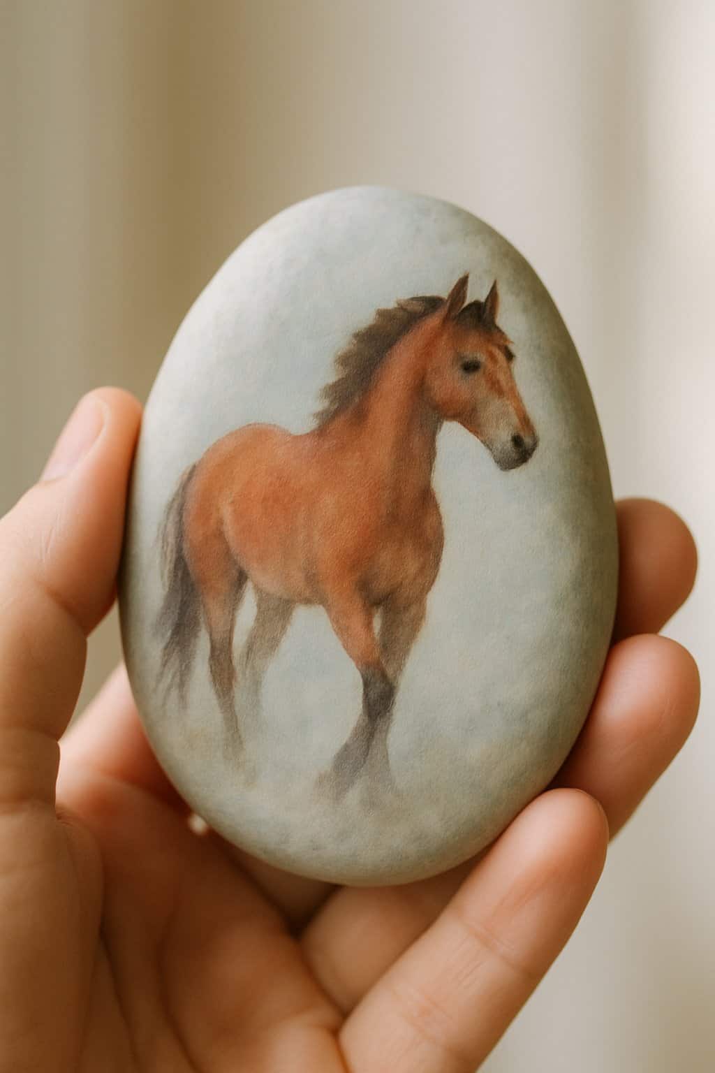 A hand holding a smooth river rock painted with a horse design.