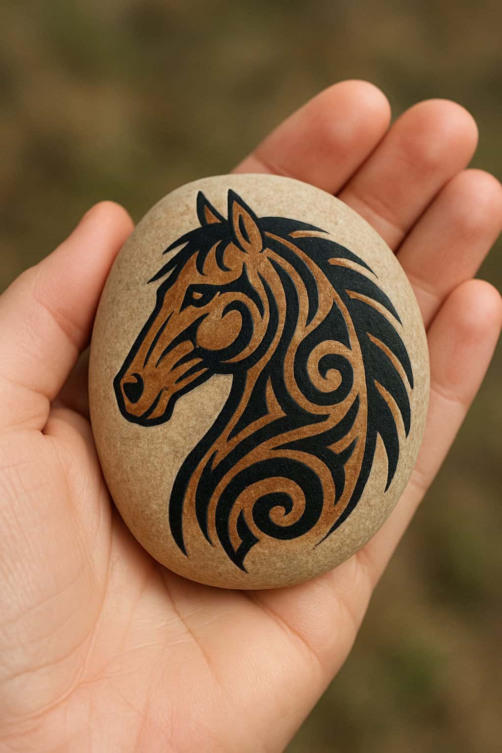 A hand holding a smooth river rock painted with a horse head design featuring bold tribal patterns.
