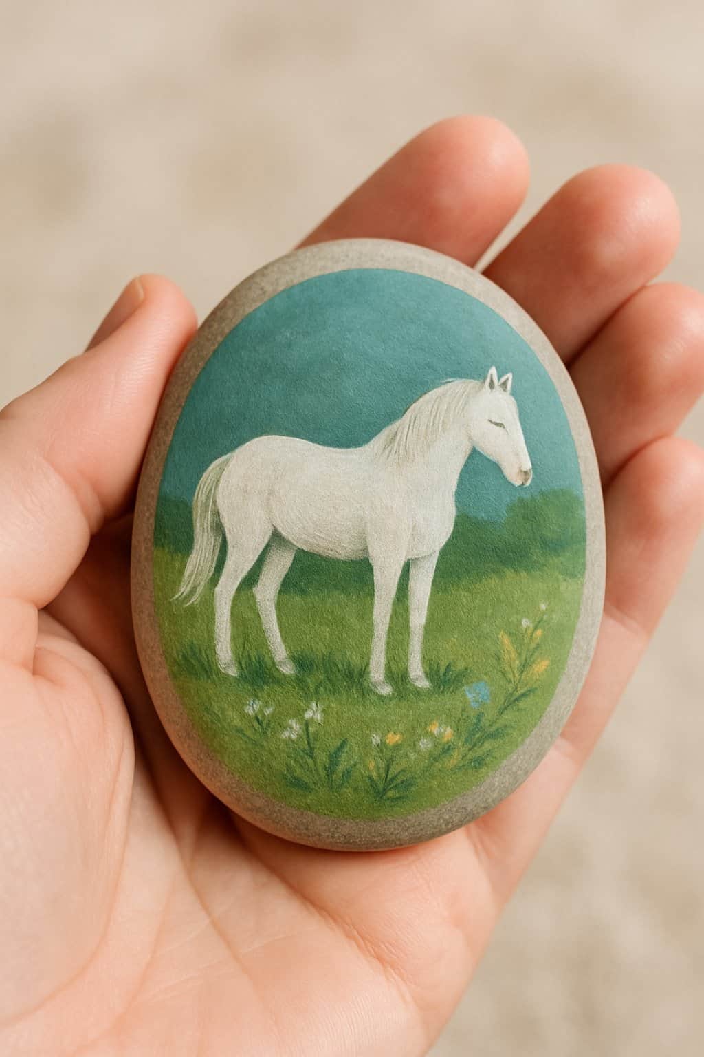 A hand holding a smooth river rock painted with a white horse standing in a green meadow.