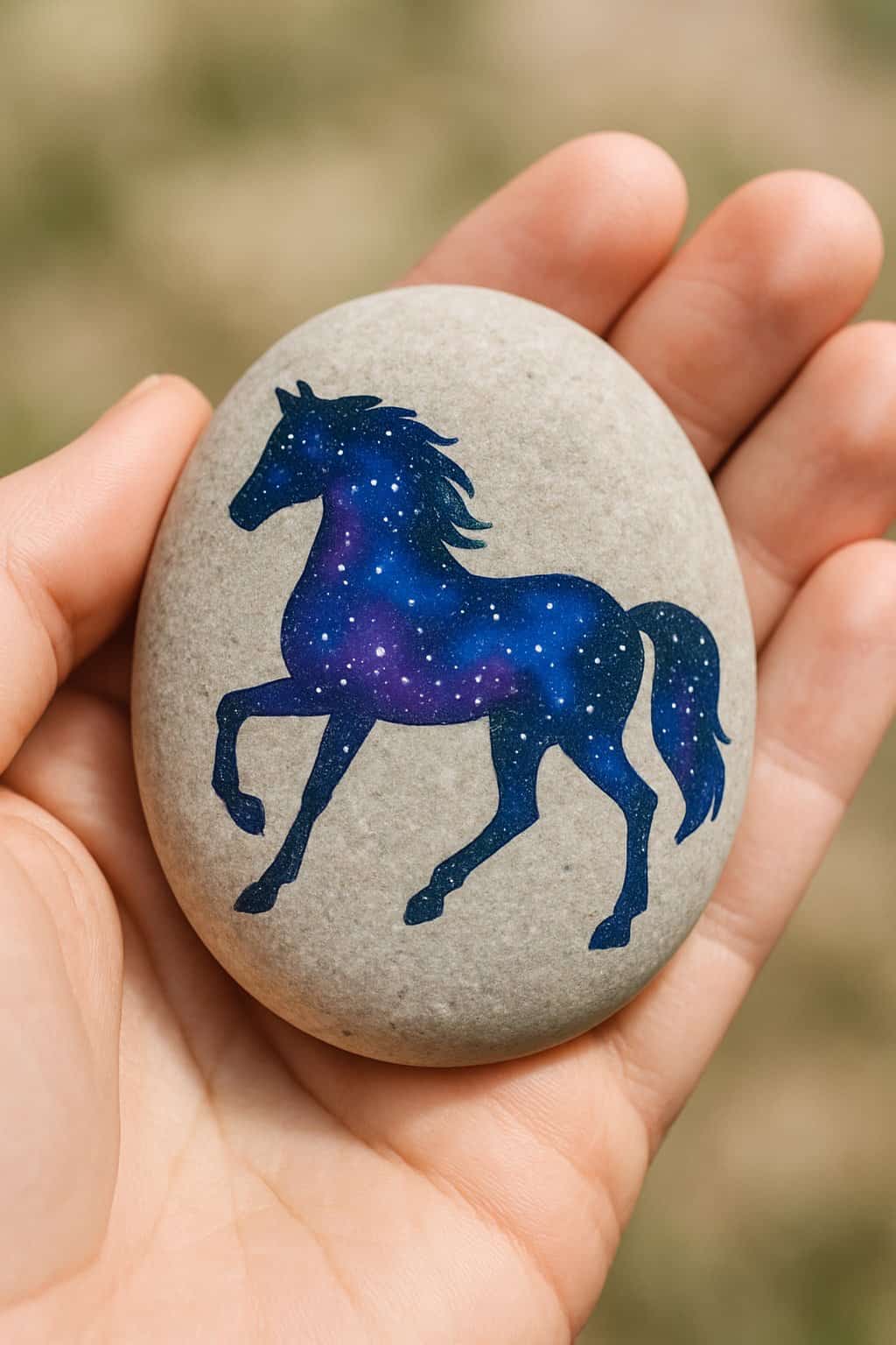 A hand holding a smooth river rock painted with a horse silhouette filled with a galaxy pattern.