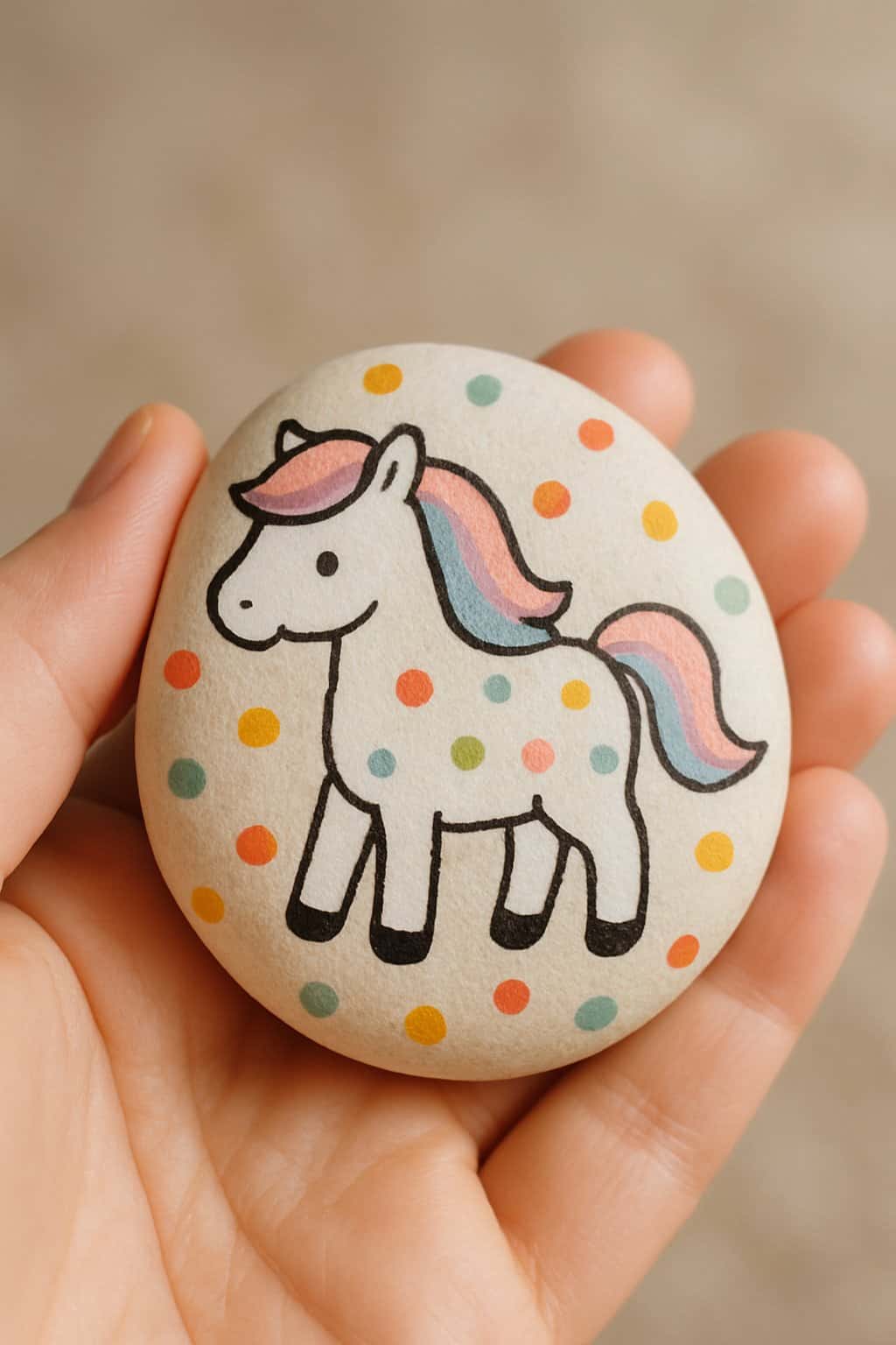 A hand holding a smooth river rock painted with a colorful pony design.