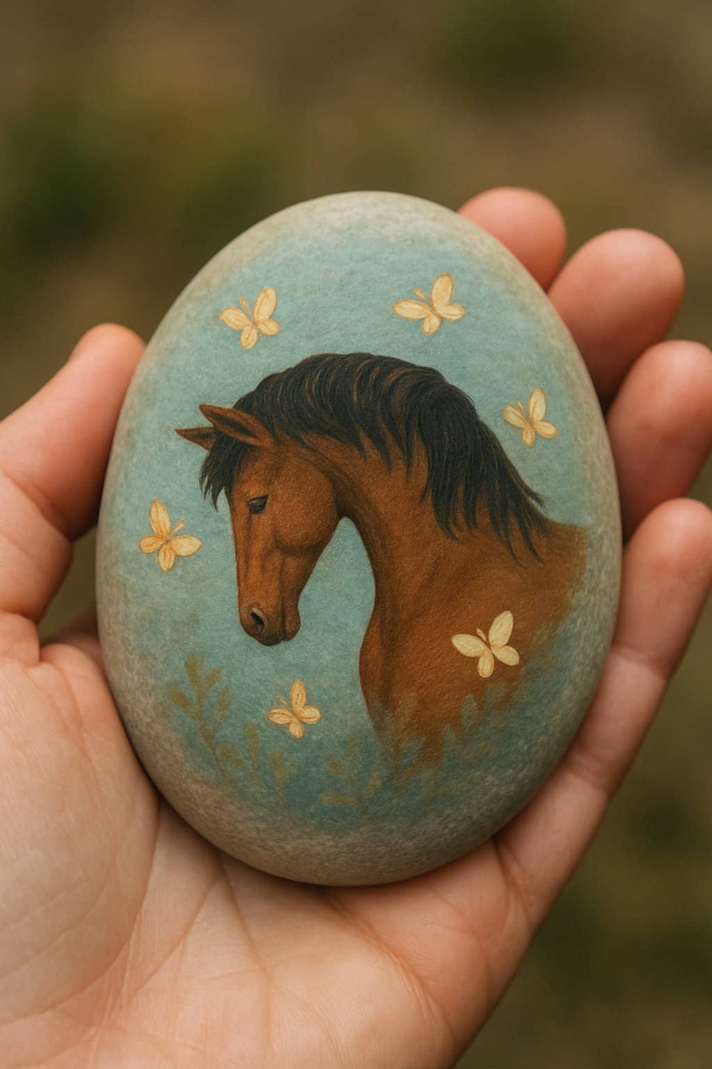 A hand holding a smooth river rock painted with a horse surrounded by butterflies.