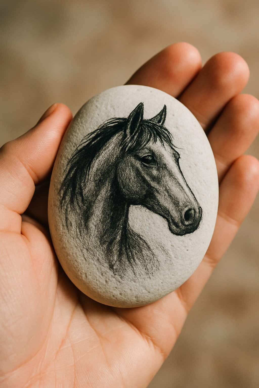 A hand holding a smooth river rock painted with a black and white horse design.