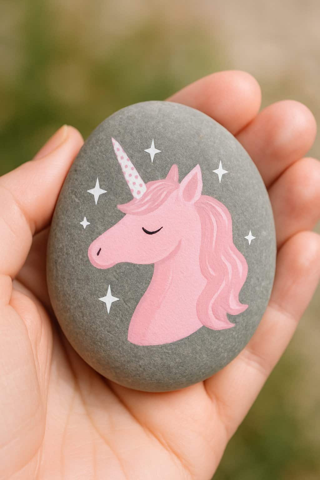A hand holding a smooth river rock painted with a pink unicorn and stars.