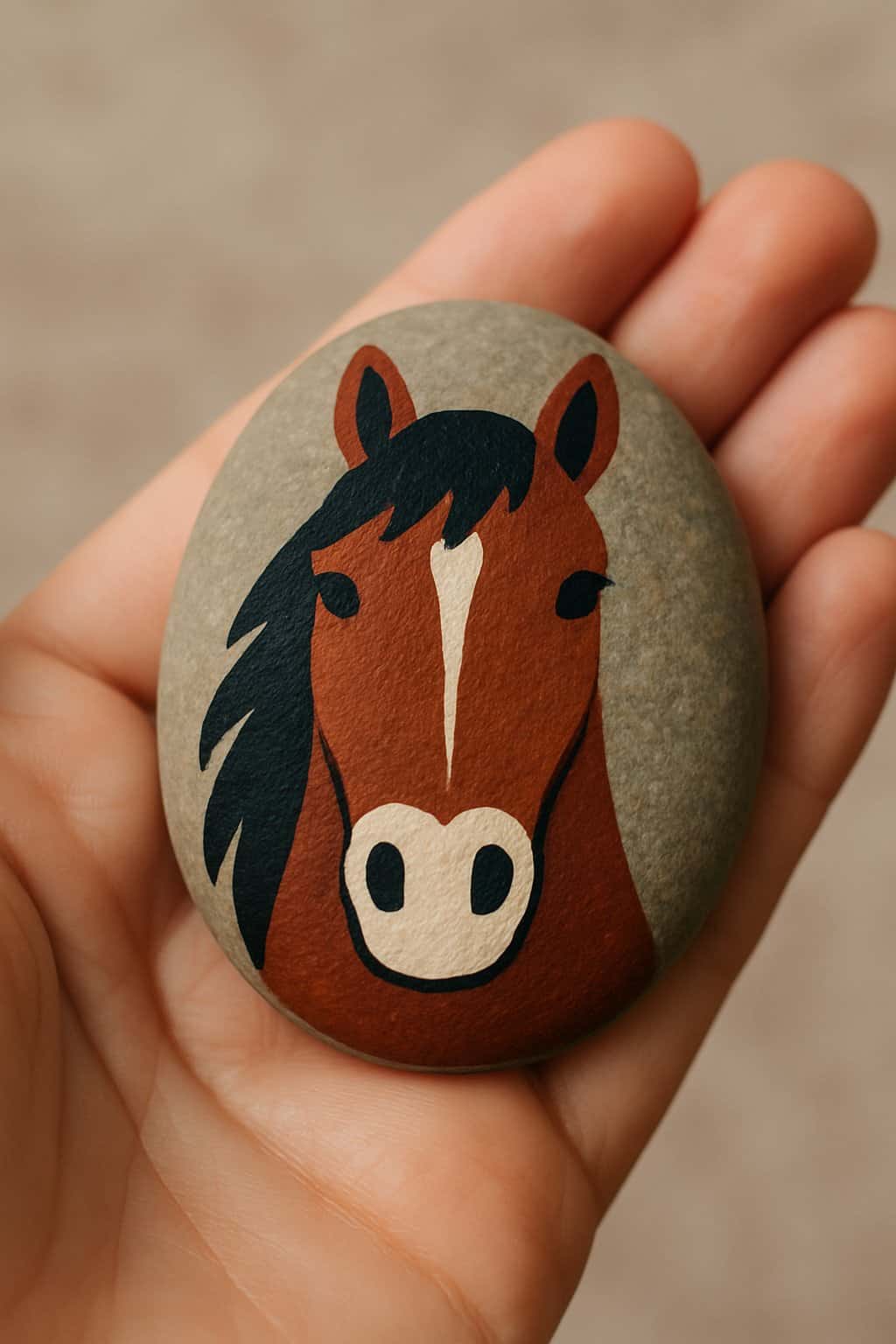 A hand holding a smooth river rock painted with a horse's face that has a heart-shaped marking on its nose.