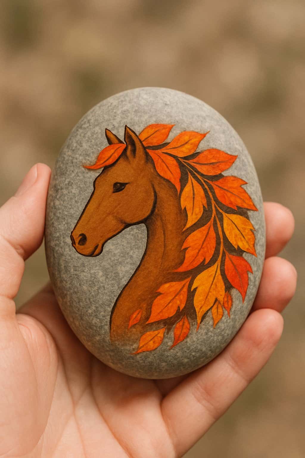 A hand holding a smooth river rock painted with a horse whose mane is made of autumn leaves.