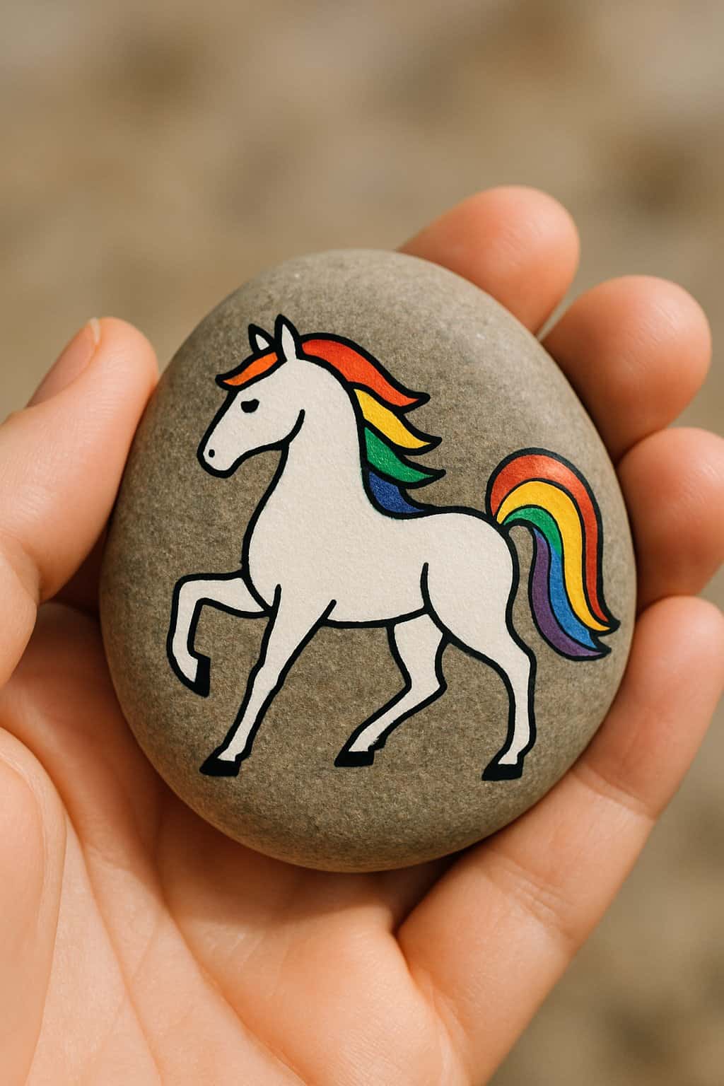 A hand holding a smooth river rock painted with a colorful horse design.