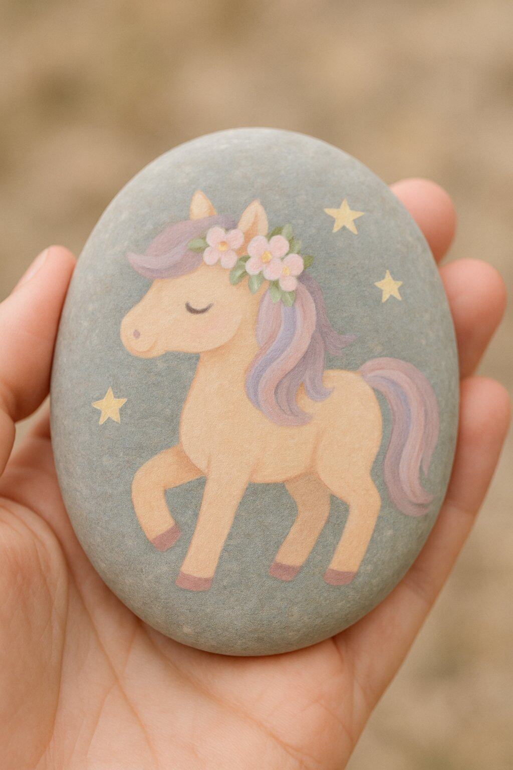 A hand holding a smooth river rock painted with a pastel-colored pony, a flower garland, and stars.