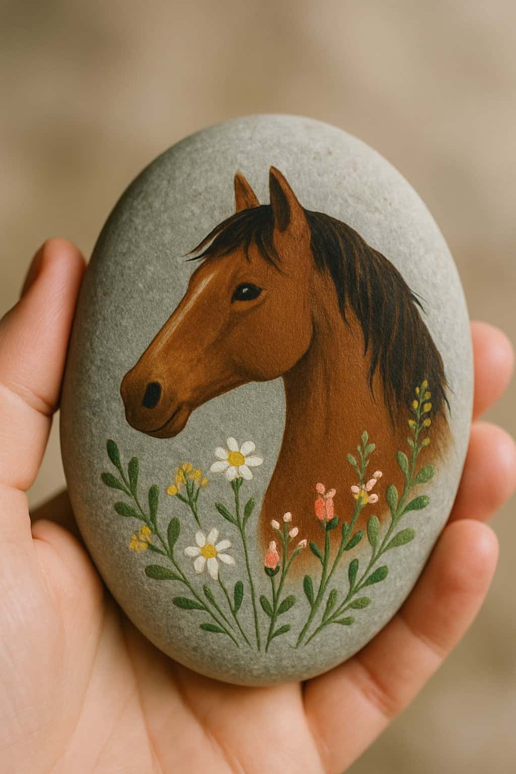 A hand holding a smooth river rock painted with a horse's head surrounded by wildflowers.