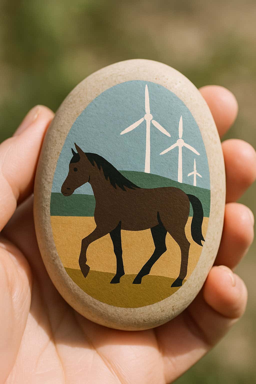 Hand holding a smooth river rock painted with a horse and windmill farm scene.