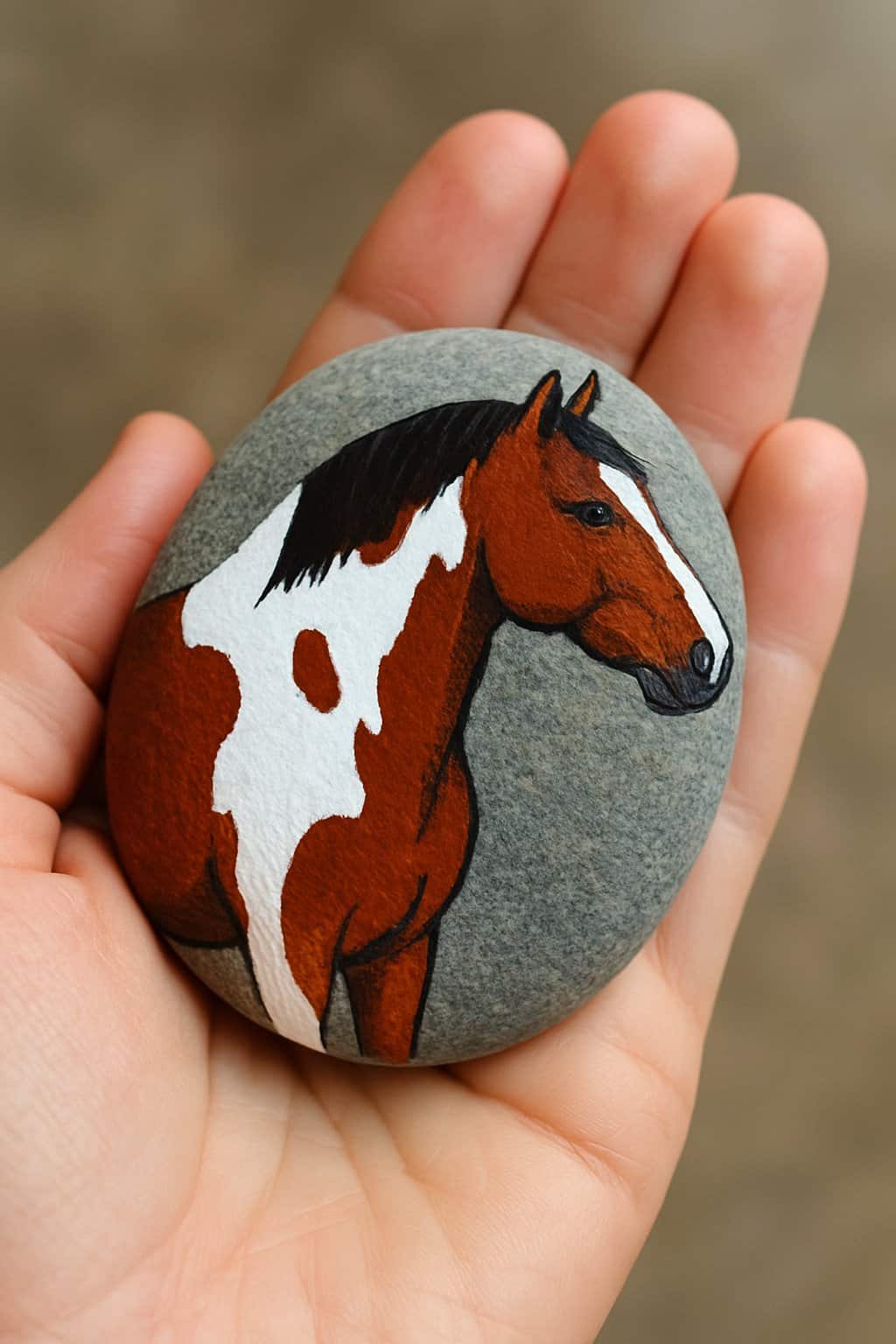 A hand holding a smooth river rock painted with a Pinto horse design in white and brown patches.