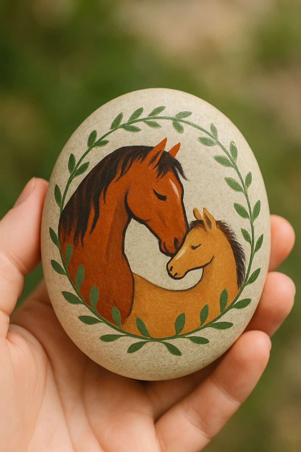 A hand holding a smooth river rock painted with a horse and foal surrounded by green vines.